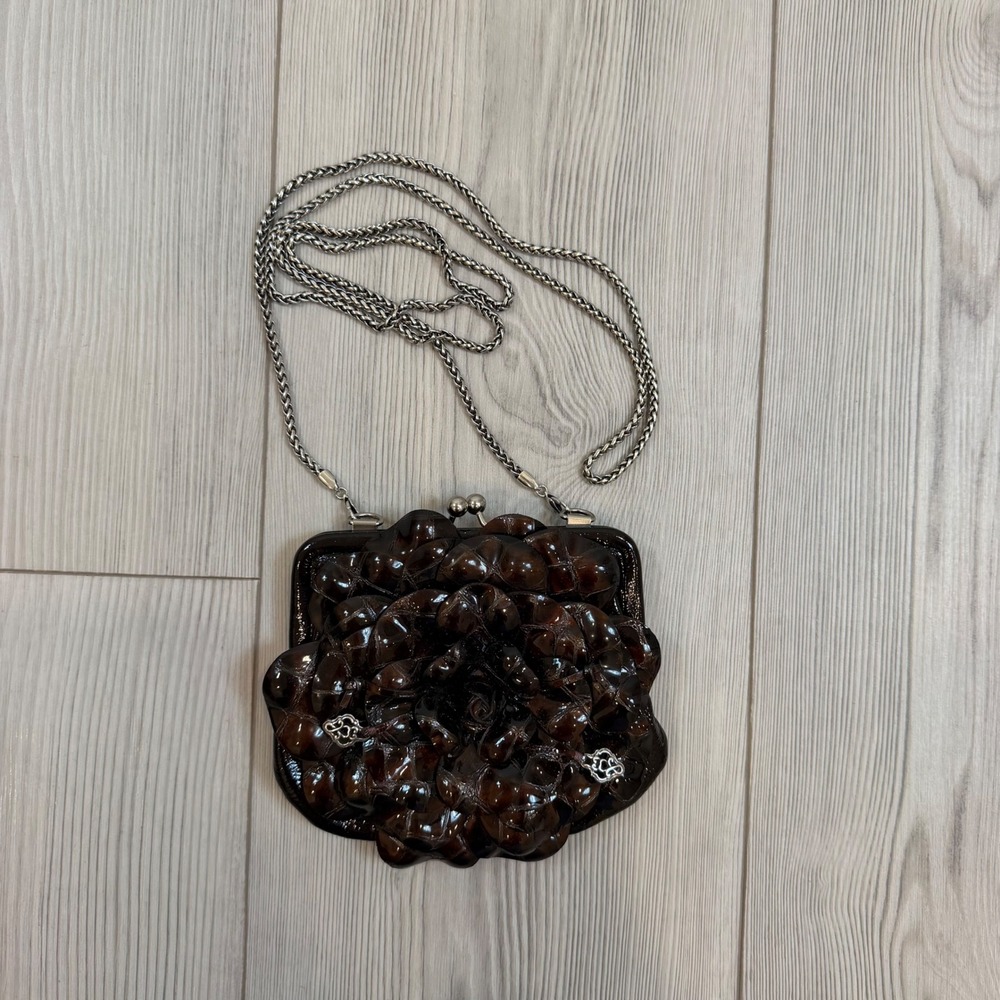 Brighton Brown Patent Leather 3D Rose Kiss Lock Crossbody Bag Silver Chain Strap